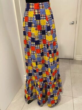MADRAS PLAID PATCHWORK RUFFLE
COLOURFUL MAXI SKIRT 
SIZE XX-SMALL